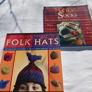 Two knitting pattern books, folk art theme, EUC